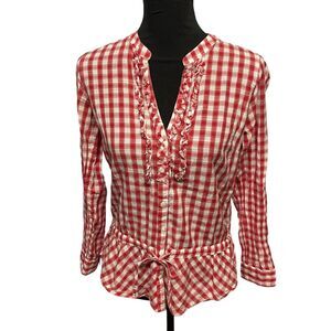 Sundance Blouse XS Red Plaid Check Prairie V Neck Button Front Flannel